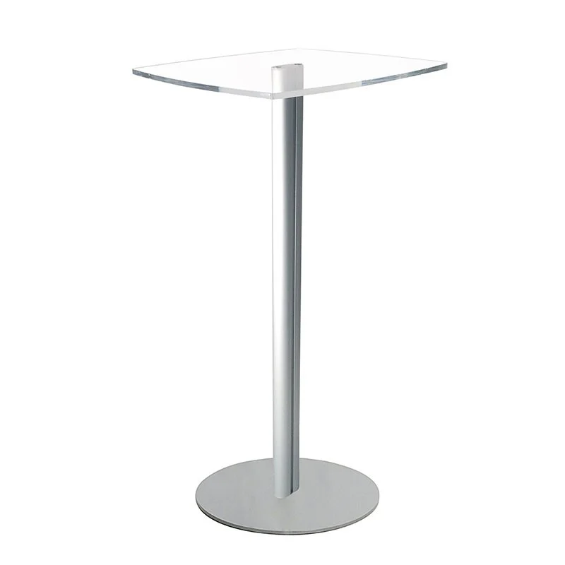 Tavolino con superficie in plexi trasparente. Spessore 10 mm sagomato. Base  Ø 450 mm in metallo con un montante h 980 mm in all